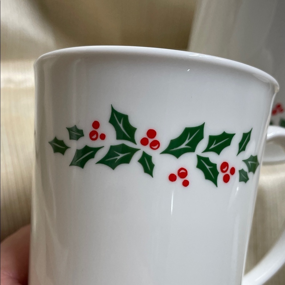 Corelle White Mugs with Green and Red Holly Christmas Design - Picture 3 of 6